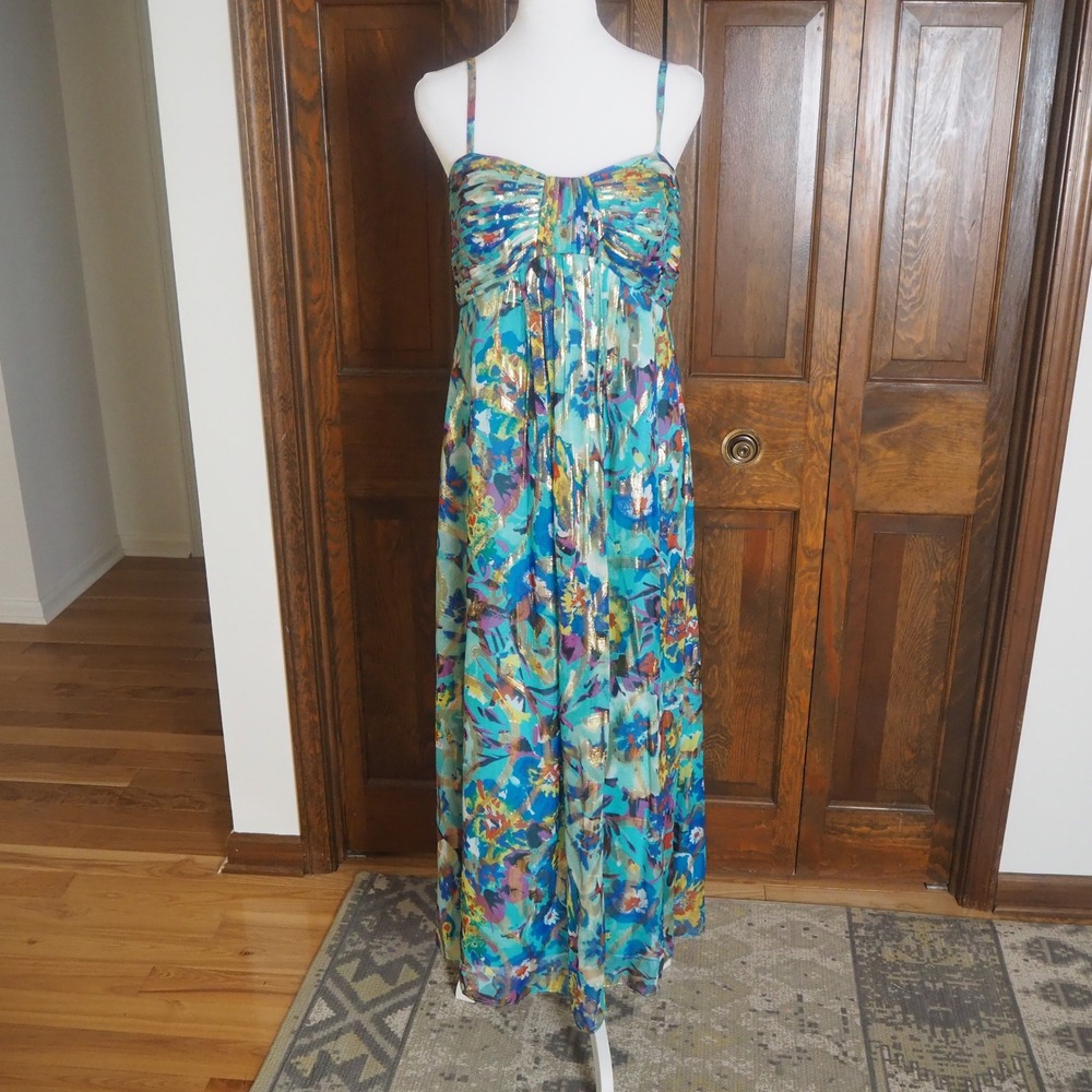 Oleg Cassini Silk Chiffon Maxi Dress Sz 6 Abstract Floral Metallic Watercolor